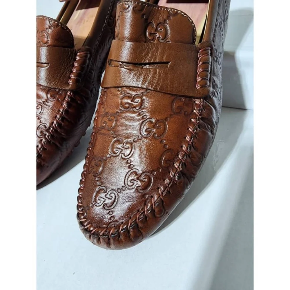 Authentic Gucci Cognac Leather Upper Geometric Loafers Brown Size 5.5 - Picture 13 of 16